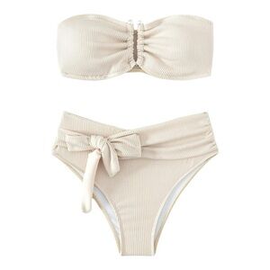 WDIRARA Strapless Ribbed Cream Bikini Set